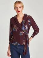 Oasap Turn-down Collar Floral Print Long Sleeve Tie Front Shirt