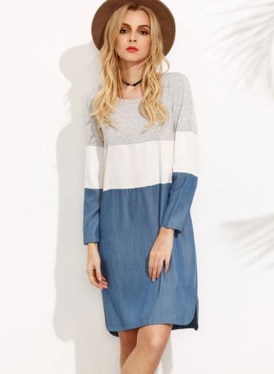 Oasap Women's Color Block Long Sleeve Pockets Shift Dress