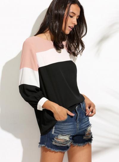 Oasap Casual Loose Fit Color Block Chiffon Blouse