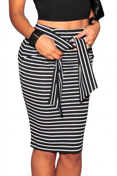 Oasap Black Fashion Stripes Self-tie Midi Skirt