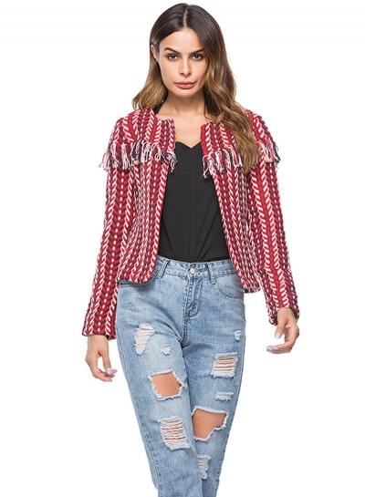 Oasap Round Neck Long Sleeve Tassels Decoration Coat