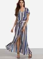 Oasap V Neck Striped Printed Slit Plus Size Maxi Dress