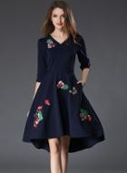 Oasap V Neck Three Quarter Length Sleeve Floral Embroidery Asymmetric Design Dress