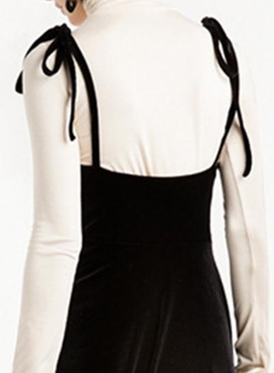 Oasap Black Tie-up Shoulder Pleated Velvet Midi Dress
