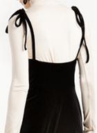 Oasap Black Tie-up Shoulder Pleated Velvet Midi Dress