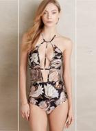 Oasap Halter Backless Cut Out Floral Printed Slim Fit Swimsuit