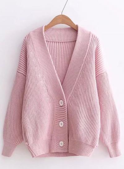 Oasap V Neck Long Sleeve Solid Color Button Down Cardigan