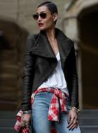 Oasap Turn-collar Long Sleeve Slim Fit Open Front Biker Jacket