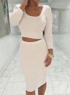 Oasap Solid Long Sleeve Crop Top Midi Skirt 2 Piece Set