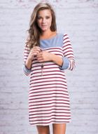 Oasap Color Block Round Neck 3/4 Sleeve Striped Dress