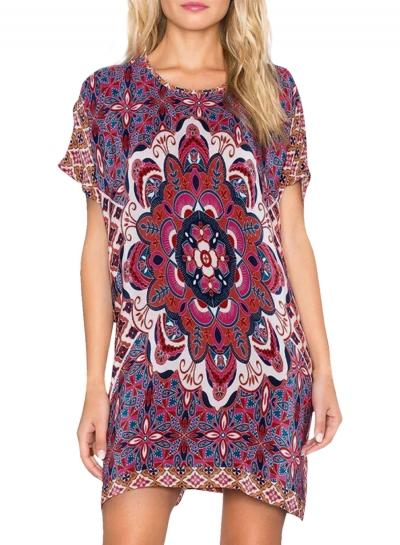 Oasap Women National Wind Print Asymmetric Loose Fit Dress