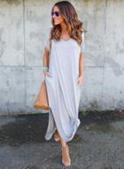 Oasap V Neck Short Sleeve Loose Fit Side Slit Maxi Dress
