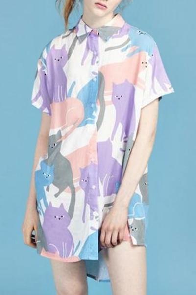 Oasap Casual Cat Print Short Sleeve High Low Shirt