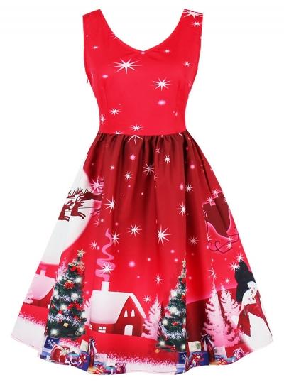 Oasap Round Neck Plus Size Sleeveless Christmas Printed Dress