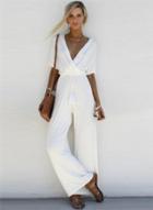 Oasap V Neck Short Sleeve Solid Wide Leg Jumpsuit