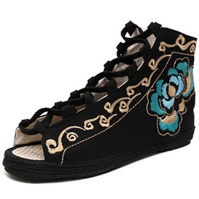 Oasap Peep Toe Lace-up Embroidery Flat Shoes