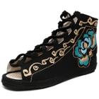 Oasap Peep Toe Lace-up Embroidery Flat Shoes