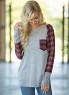 Oasap Round Neck Long Sleeve Plaid Printed Top