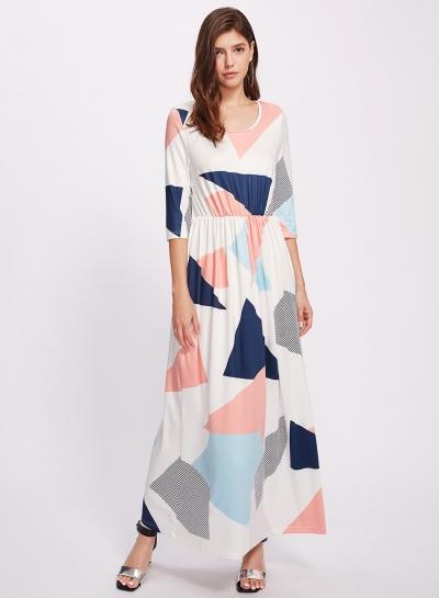 Oasap Scoop Neck 3/4 Sleeve Square Print Maxi Dress
