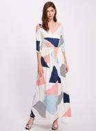 Oasap Scoop Neck 3/4 Sleeve Square Print Maxi Dress