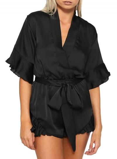 Oasap Women's Fashion Wrap V Neck Tie Waist Ruffle Romper