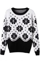 Oasap Sweet Floral Print Round Neck Knit Sweater