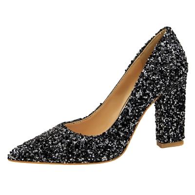 Oasap Block Heels Pointed Toe Slip-on Sequin Pumps