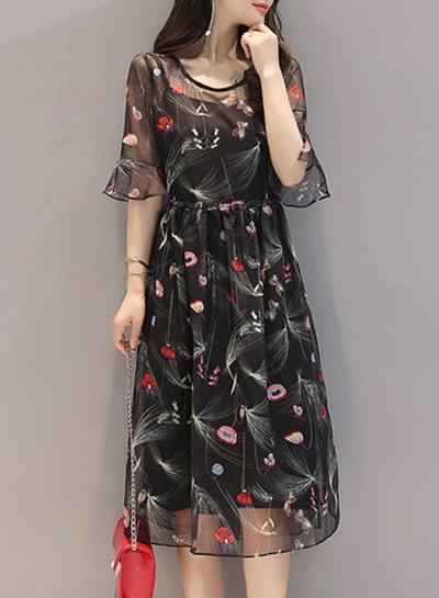 Oasap Chiffon Floral Print Round Neck Flowy Midi Dresses