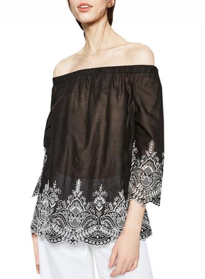 Oasap Women's National Wind Embroidery Print Off Shoulder Blouse