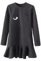 Oasap Fashion Eye Embroidery Long Sleeve Flouncing Hem Mini Dress