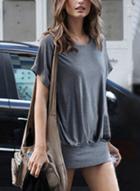 Oasap Casual Loose Solid Short Batwing Sleeve Round Neck Tee Shirt