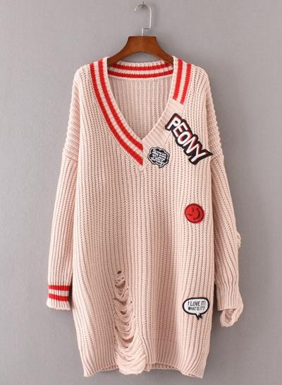 Oasap Deep V Neck Long Sleeve Embroidery Pullover Sweater