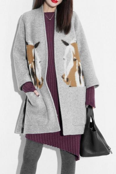 Oasap Cute Horse Head Printed Coat