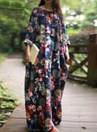 Oasap Floral Print Loose Long Sleeve Maxi Dresses