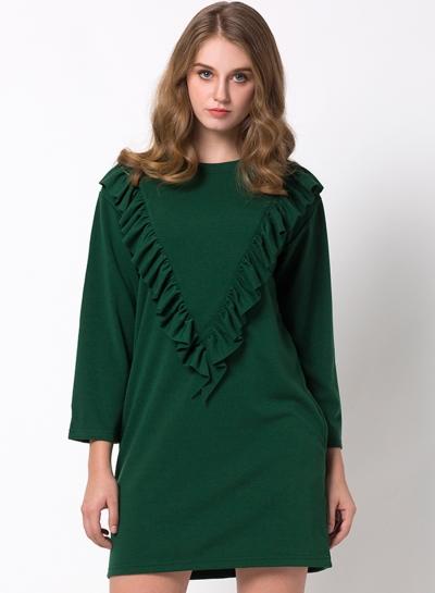 Oasap Round Neck Slant Pocket Solid Ruffled Dress