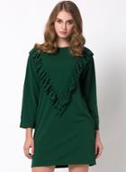 Oasap Round Neck Slant Pocket Solid Ruffled Dress