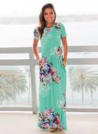 Oasap Floral Print Round Neck Short Sleeve High Waist Maxi Dress