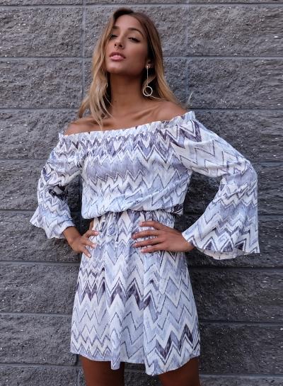 Oasap Slash Neck Off Shoulder Elastic Waist Wave Print Dress