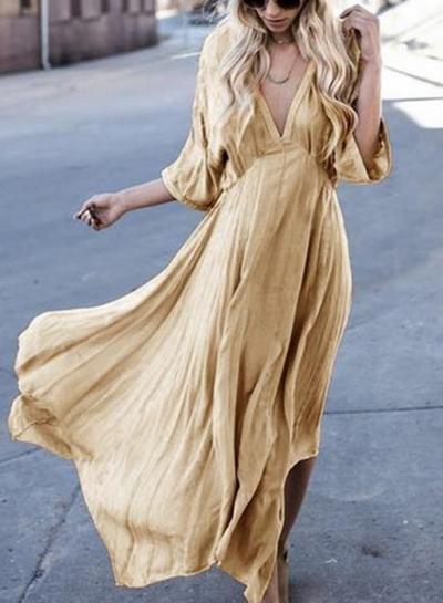 Oasap Fashion Concise Loose Solid Half Sleeve V Neck Maxi Dress