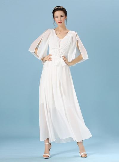 Oasap V Neck Short Sleeve Pure Color Maxi Evening Dress