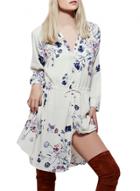 Oasap Women's V Neck Long Sleeve Drawstring Waist Floral Print Dress