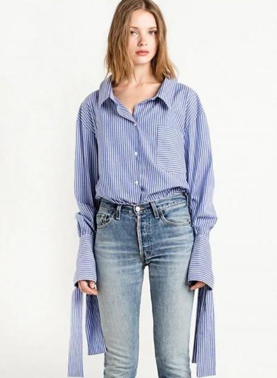 Oasap Blue Striped Basic Collar Long Sleeve Button Down Blouse