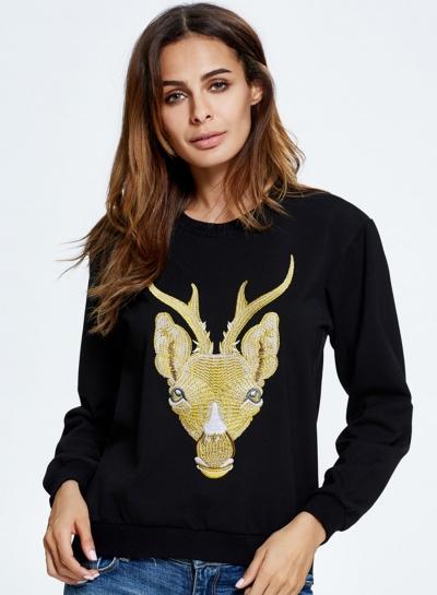 Oasap Animal Embroidered Pattern Round Neck Long Sleeve Sweatshirt