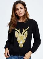 Oasap Animal Embroidered Pattern Round Neck Long Sleeve Sweatshirt