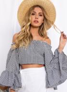 Oasap Off Shoulder Flare Sleeve Plaid Cropped Blouse