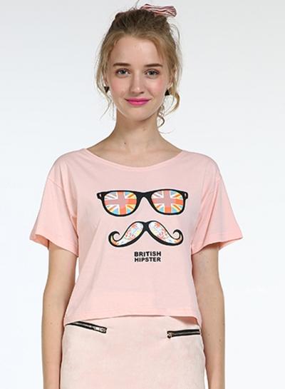 Oasap Short Sleeve Glasses Mustache Printed Cropped Tee