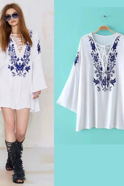 Oasap Women's Floral Print Lace-up Front Flare Sleeve Dress