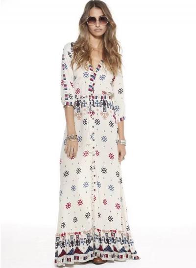 Oasap V Neck 3/4 Sleeve Split Bohemian Printed Maxi Dress