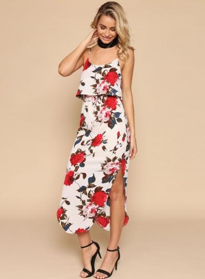 Oasap Bohemian Scoop Neck Floral Print Midi Dress