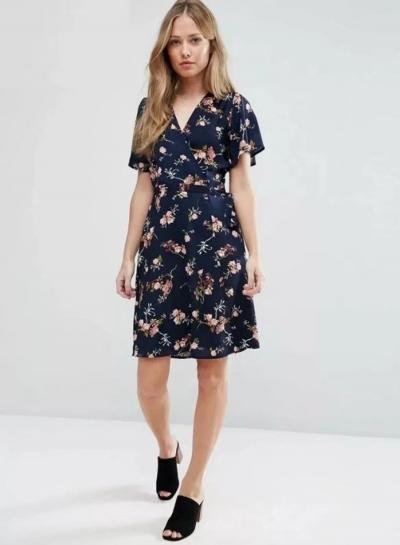 Oasap Floral Printing V Neck Slim Dress